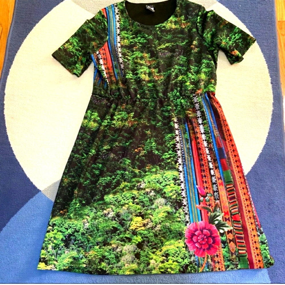 Treu Unique ABSTRACT FOREST FLORAL MIDI DRESS SZ SMALL